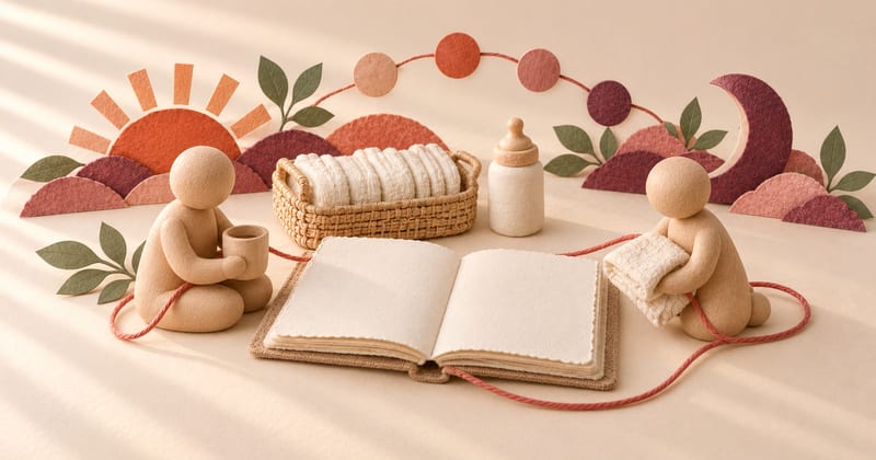 Two wooden caregivers share an open blank care journal beside clean folded nappies, a bottle and a day-to-night timeline
