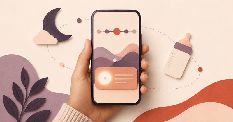A hand holding a phone showing a summary card, ringed by a dotted line linking a paper moon, a bottle and the shape of a day