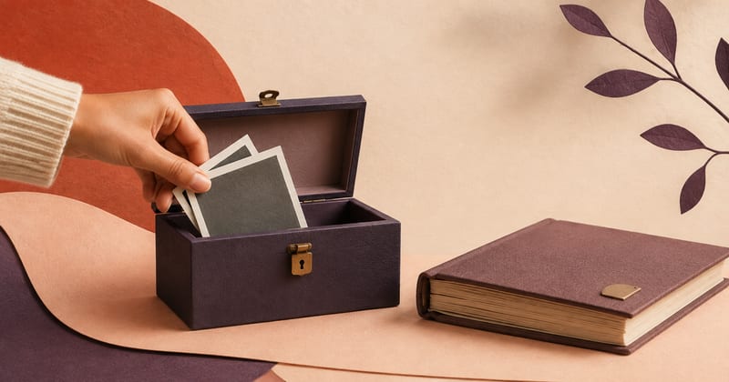 A hand tucking printed photographs into a lidded keepsake box beside a closed cloth-bound album