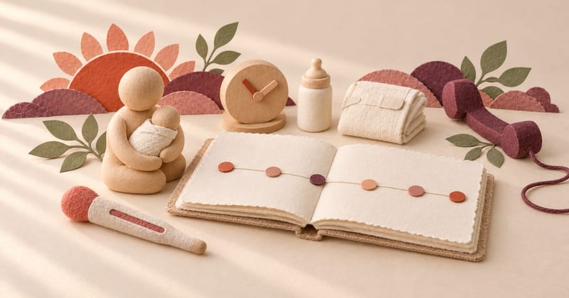 A caregiver cradling a baby beside a thermometer, clock, bottle and nappy arranged around an open blank symptom timeline