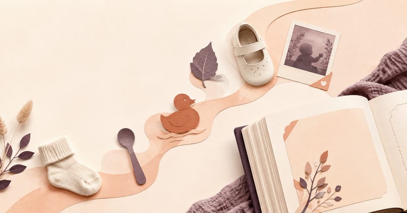 A winding paper path of first moments — knitted socks, a spoon, a rubber duck, a first shoe and a photograph — leading to an open keepsake book