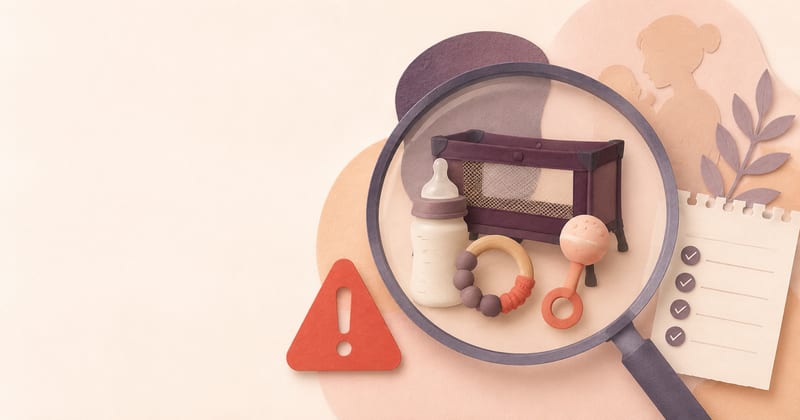 A magnifying glass held over a portable cot, a bottle, a teether and a rattle, beside a warning triangle and a checklist