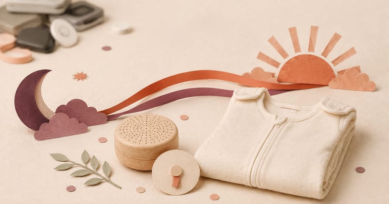 A simple cream sleep sack and wooden white-noise speaker beside a moon-to-sun ribbon rhythm, with excess gadgets receding behind