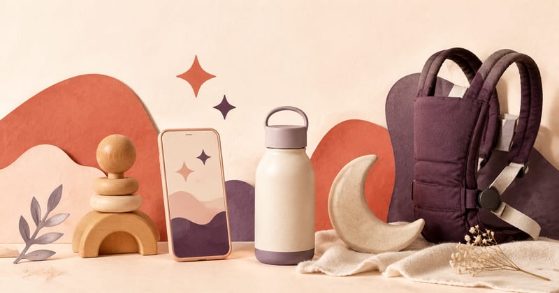 A flat-lay of 2026 baby gear — a phone, an insulated bottle, a quilted change bag and a wooden stacking toy — arranged on paper-cut hills