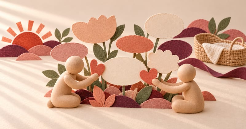 Two wooden caregivers place matching heart markers in a garden of blank handmade name blooms beside an empty woven cradle