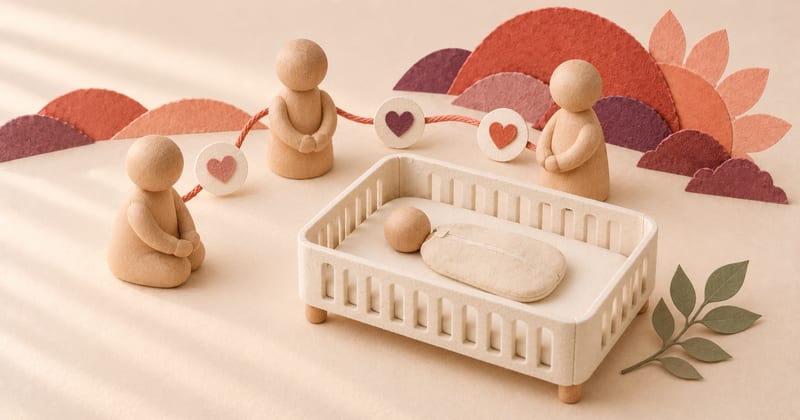 A baby lying on their back in a clear paper cot while three wooden caregivers share a coral thread of heart-shaped routine tokens