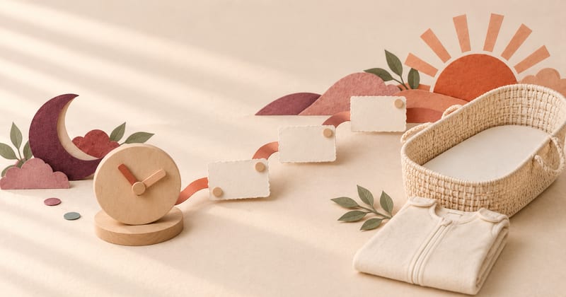 A wooden clock beside four rising blank cards leading from a paper moon to a sunlit empty bassinet and folded sleep sack
