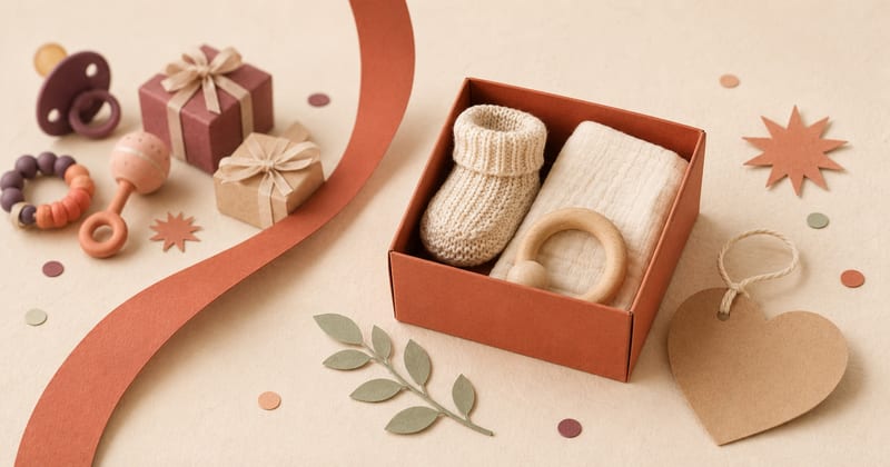 An open terracotta gift box with one knitted bootie, a muslin cloth and a wooden teething ring, beside a blank heart-shaped reuse tag
