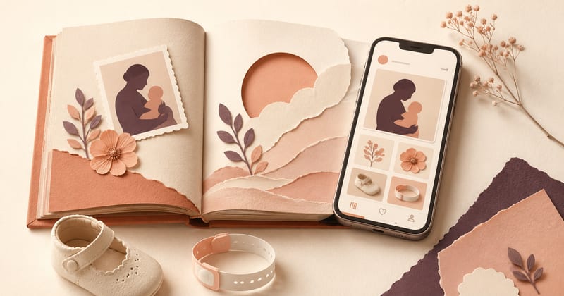 An open paper-craft baby book with a pressed flower and a first shoe beside it, next to a phone showing the same memories as a grid of cards