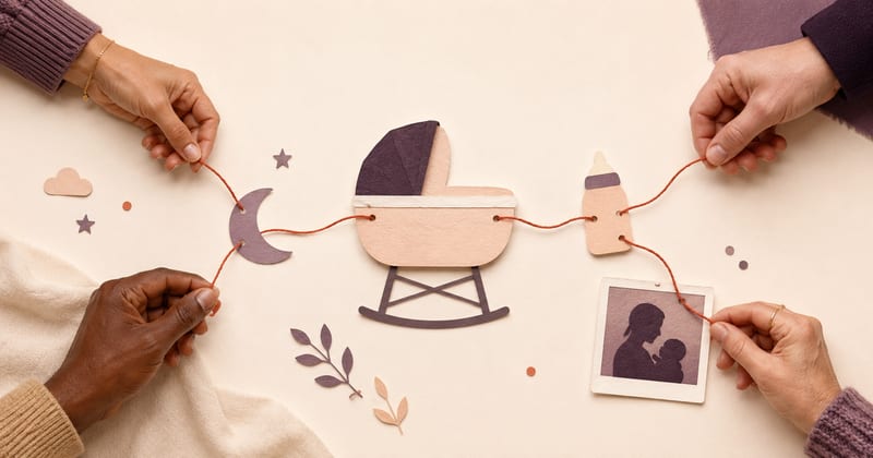 Two pairs of hands passing a red thread across a paper cot, linking a moon, a photograph and the people caring for one baby