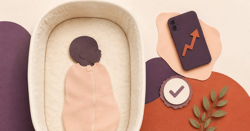 A baby sleeping on their back in a bassinet beside a phone showing a rising trend line, with a tick marking the safe sleep position