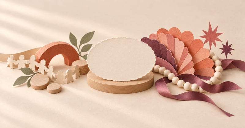 A blank paper name medallion between a family chain and ancient arch on one side and a coral fan, ribbon and beads on the other