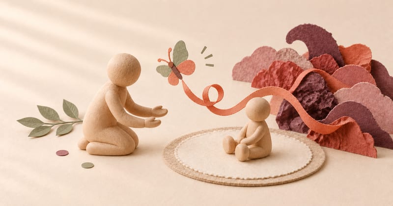 A calm wooden caregiver kneeling beside a seated toddler as a tangled ribbon opens into a loop beneath a paper butterfly