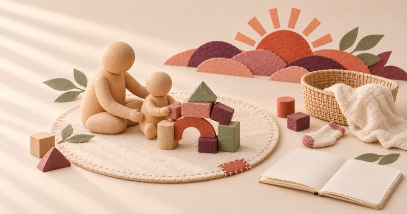A caregiver and child building a slightly uneven block arch beside a rumpled muslin, lone sock and open blank notebook