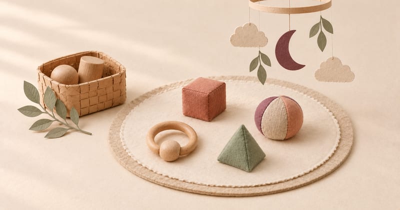 A simple wooden ring rattle and muted fabric shapes arranged on a round felt play mat beneath a sparse paper mobile
