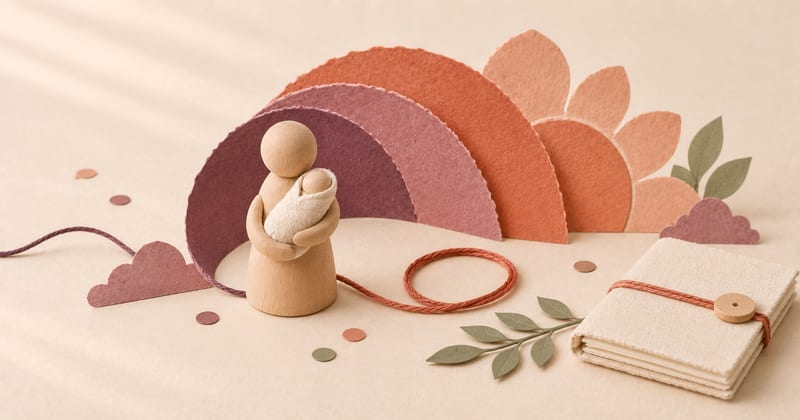 A wooden mother figure cradling a swaddled baby before layered plum and coral paper forms unfolding into a bloom