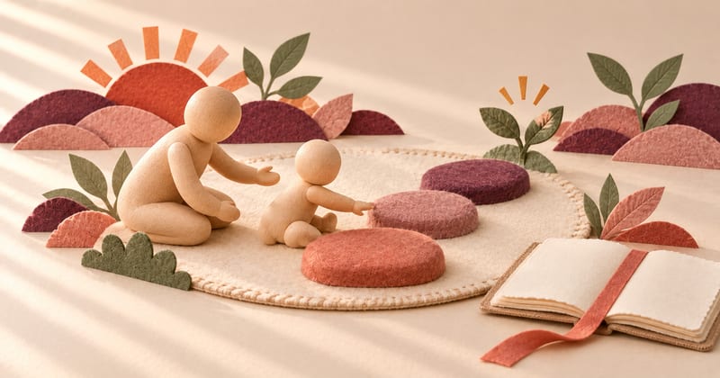 A caregiver supports a seated child reaching toward oversized felt stepping forms that lead to a small paper sprout
