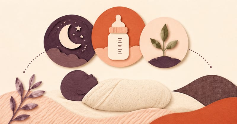 A swaddled newborn beneath three linked circles — a moon, a bottle and a seedling — marking the rhythms of the first three months