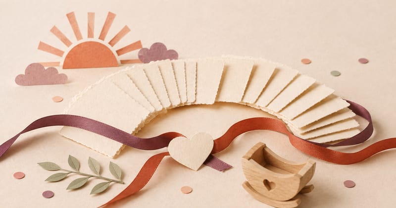 An arc of blank deckle-edged calendar cards woven together by two ribbons meeting at a heart, beside a small wooden cradle