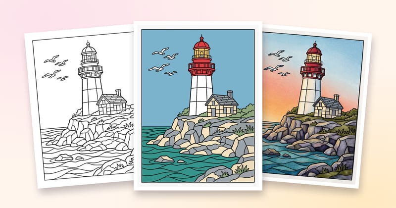 Three copies of one PencilDrop colouring page of a clifftop lighthouse: uncoloured line art, filled with flat colour, and shaded in sunset tones