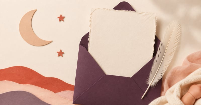 A blank deckle-edged card resting in an open envelope beside a feather quill, under a paper moon and stars