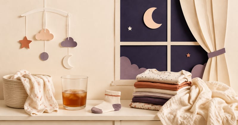 A nursery windowsill at night: a cup of tea gone cold, mismatched socks, folded muslins and a cloud-and-moon mobile