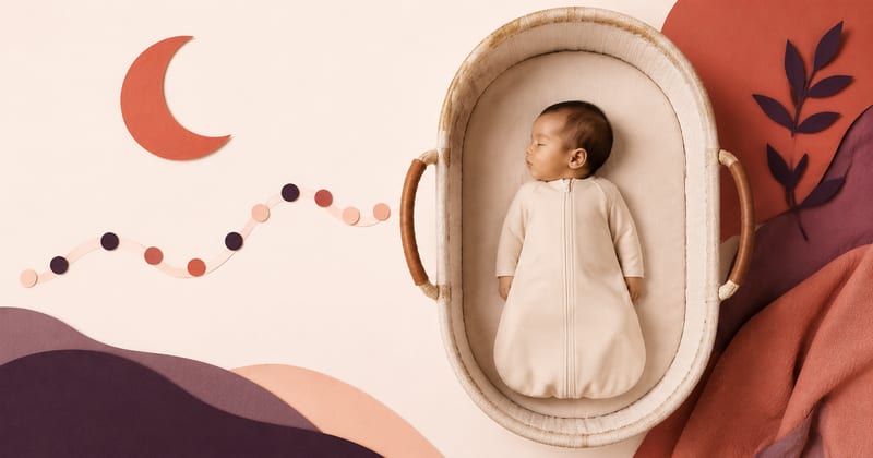 A baby asleep on their back in a woven bassinet, with a paper moon and a line of dots marking naps across the day