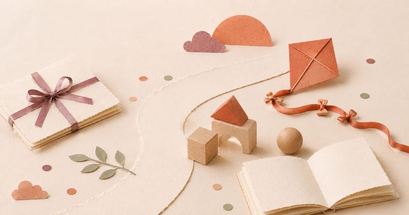 A tied stack of blank schedule cards opening into a spacious paper play landscape with wooden blocks, a ball, kite and open book