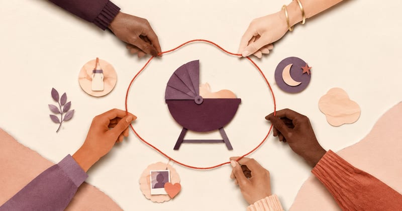 Four pairs of hands drawing a red thread into a circle around a paper pram, a clock, a moon and a first photograph