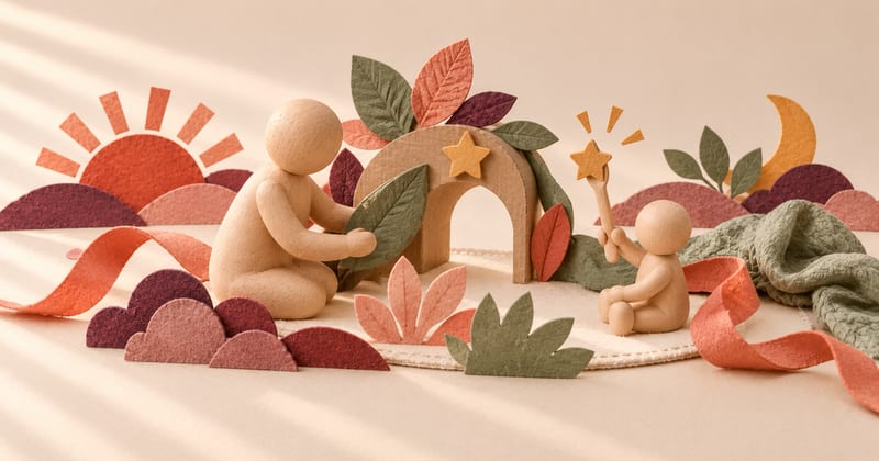A wooden caregiver and child build a cardboard-and-felt fantasy garden with oversized leaves, stars, ribbon and a pretend wand