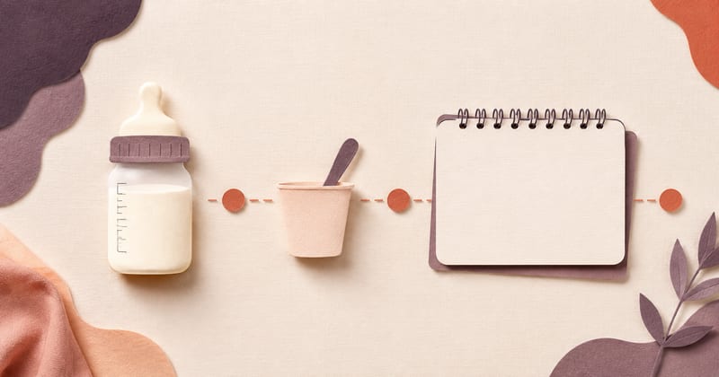 A bottle, a small cup and a spiral notebook joined by a dotted line, showing one feed logged after another