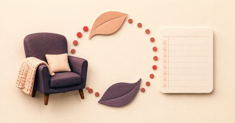 A nursing chair and a ruled notepad joined by a circle of leaves and dots, standing for feeds logged side after side