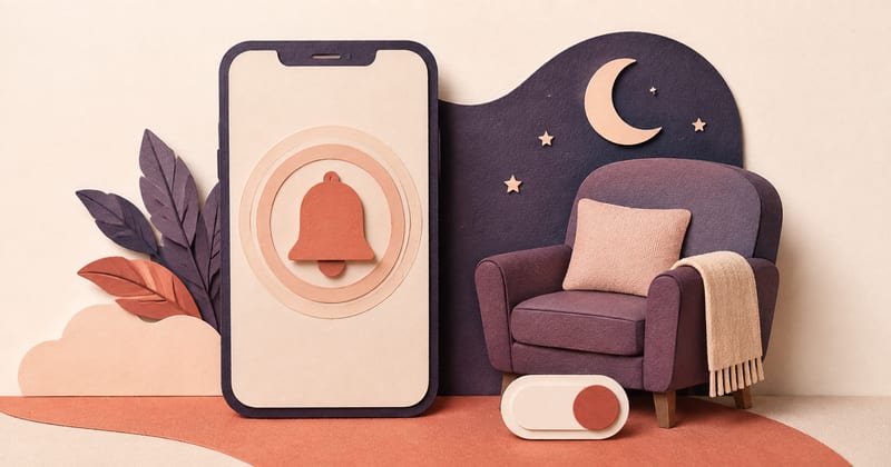 A phone showing a bell notification beside a nursing chair, with a small speaker and a paper moon