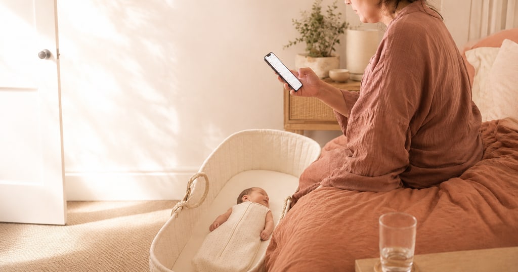 A sunlit bedroom in the morning. A parent sits on the edge of the bed scrolling a pale list of entries on their phone, while their baby sleeps on their back in a bassinet beside them.