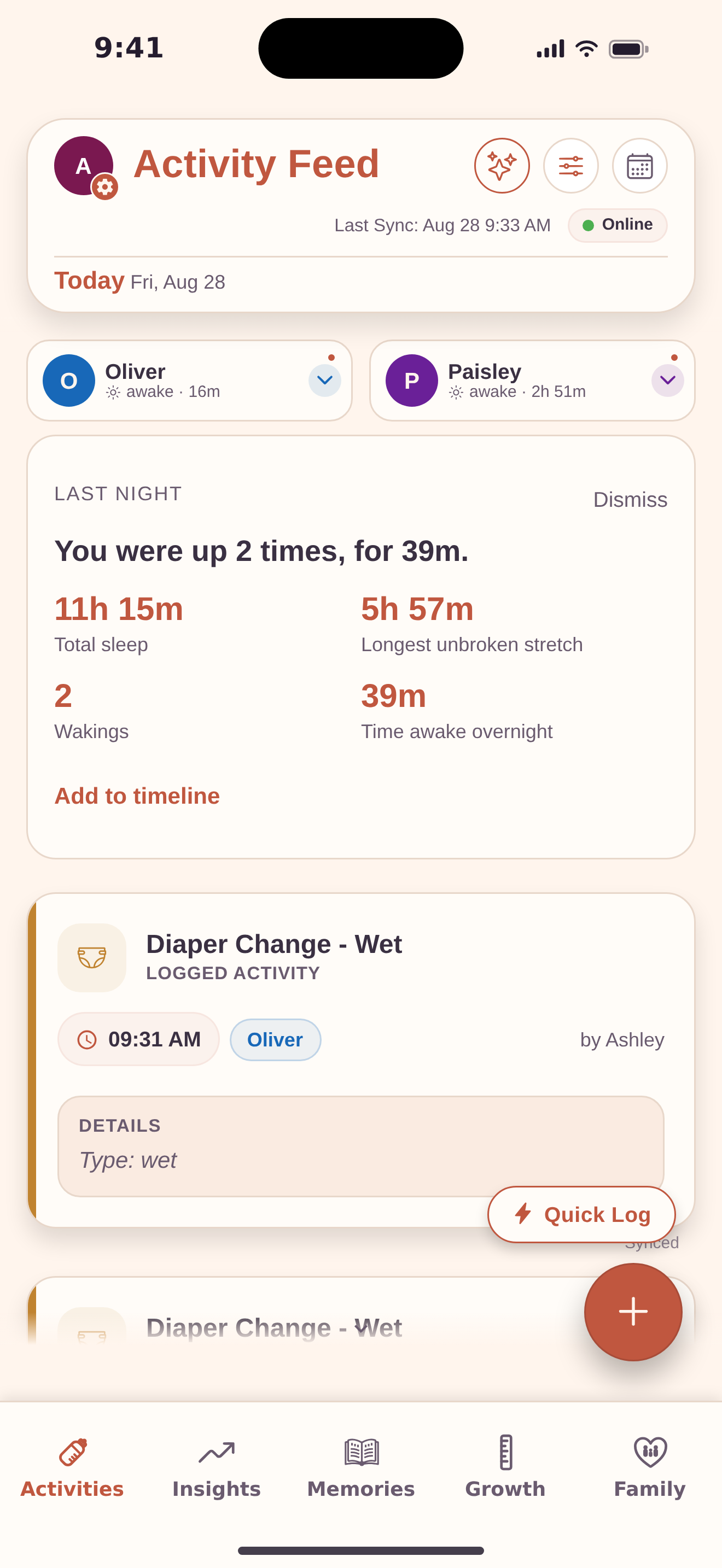 The BubSync activity feed on iPhone, showing last night’s sleep summary — total sleep, longest unbroken stretch and number of wakings — above the day’s logged activities for both babies.
