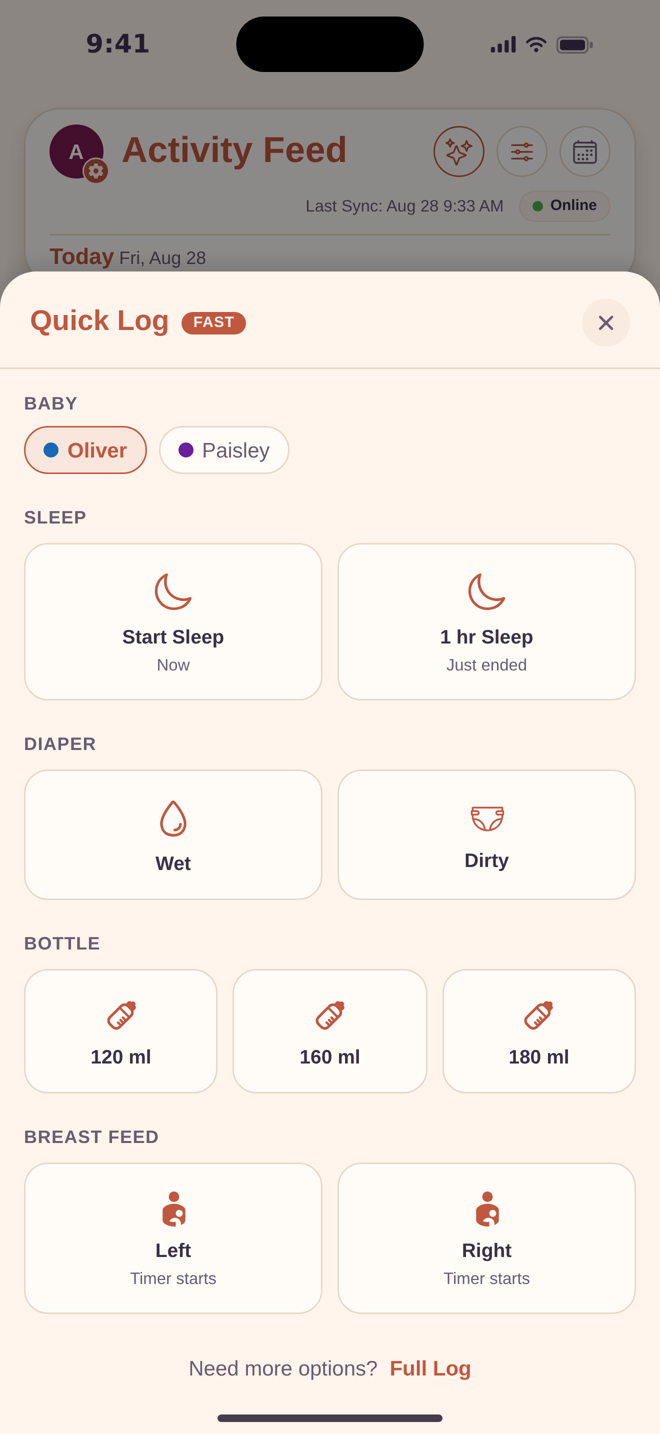 BubSync’s Quick Log sheet, where a feed, nappy change or sleep is recorded in one or two taps without leaving the activity feed.