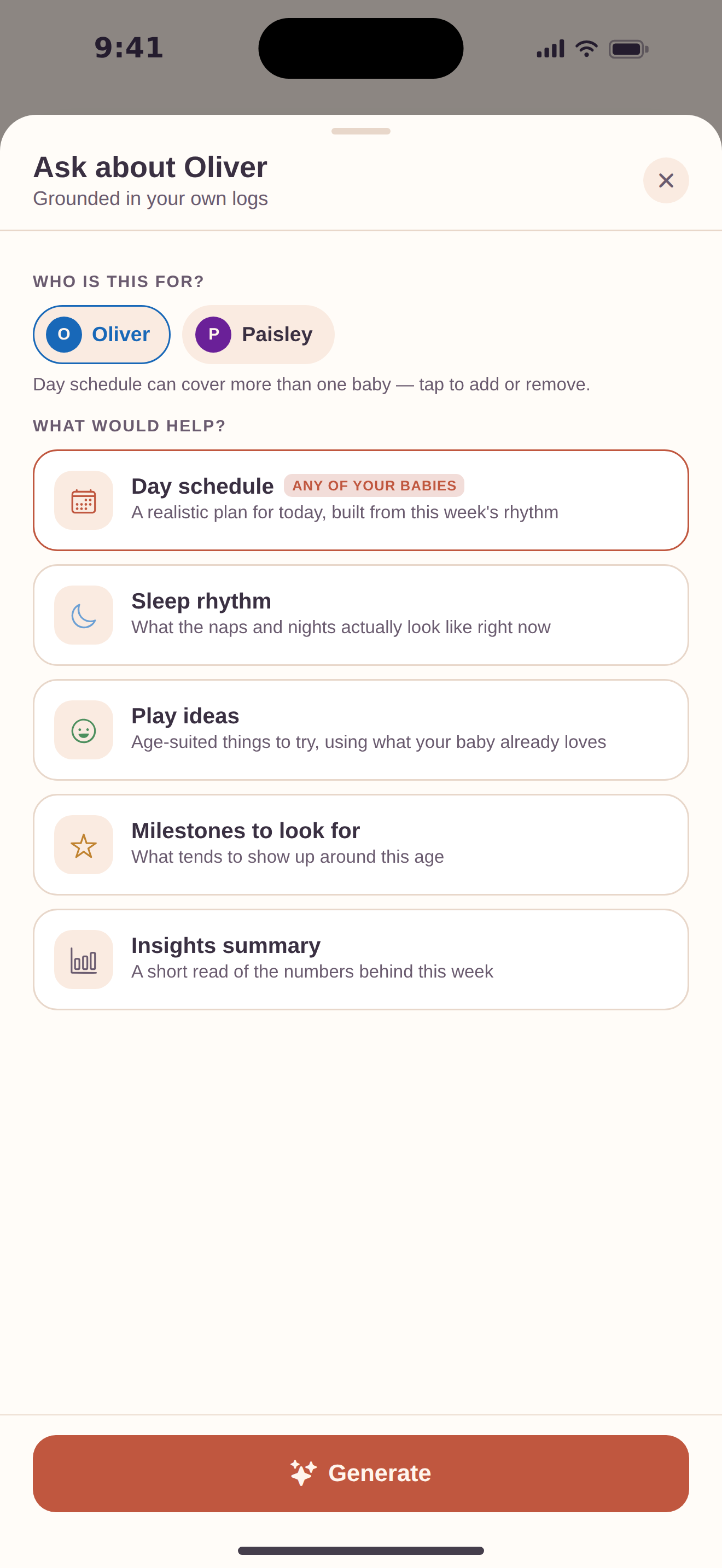 The Ask BubSync AI hub, which answers questions about a specific baby’s day, sleep rhythm, play ideas and upcoming milestones using the family’s own logs rather than generic advice.