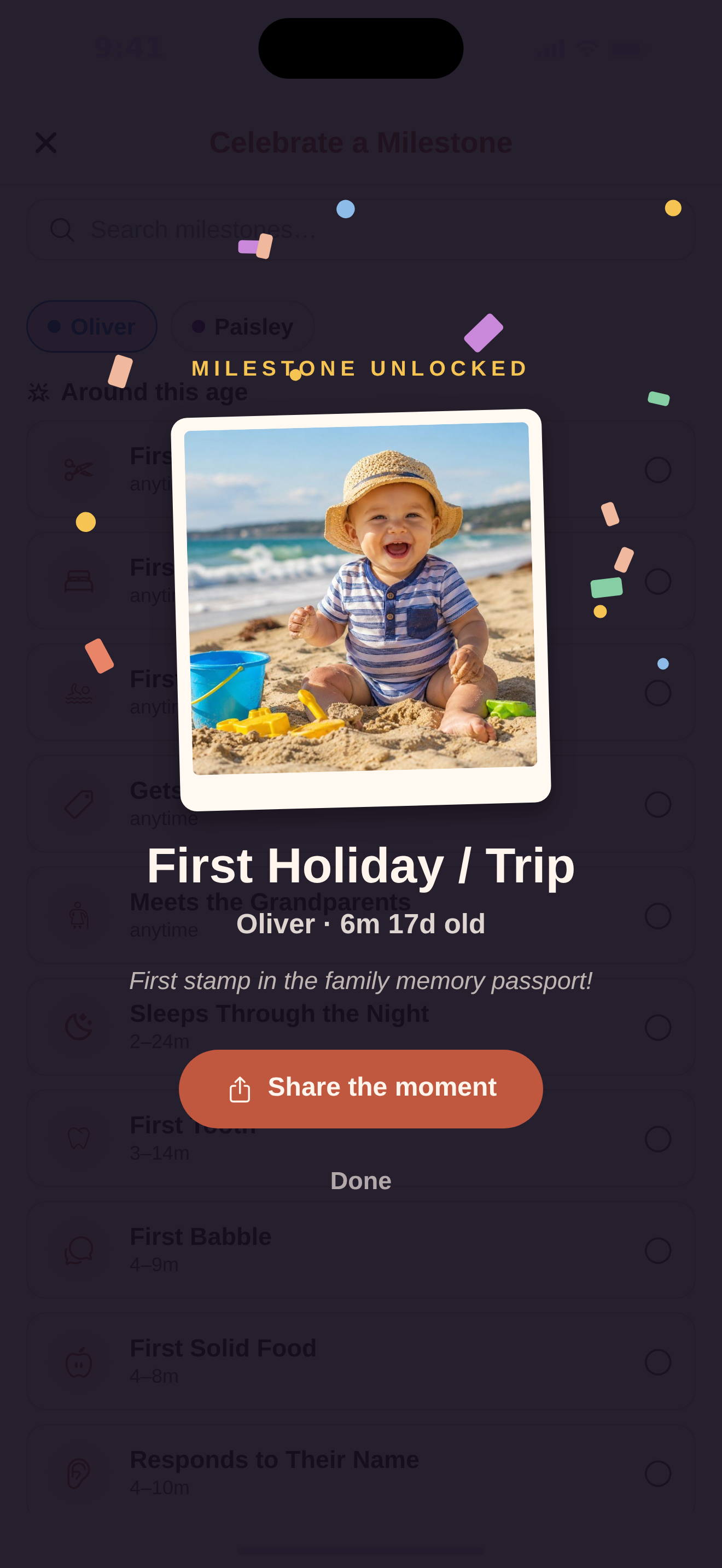 A milestone captured in BubSync — ‘First Holiday / Trip’ — added to the family’s memory record and ready to share.