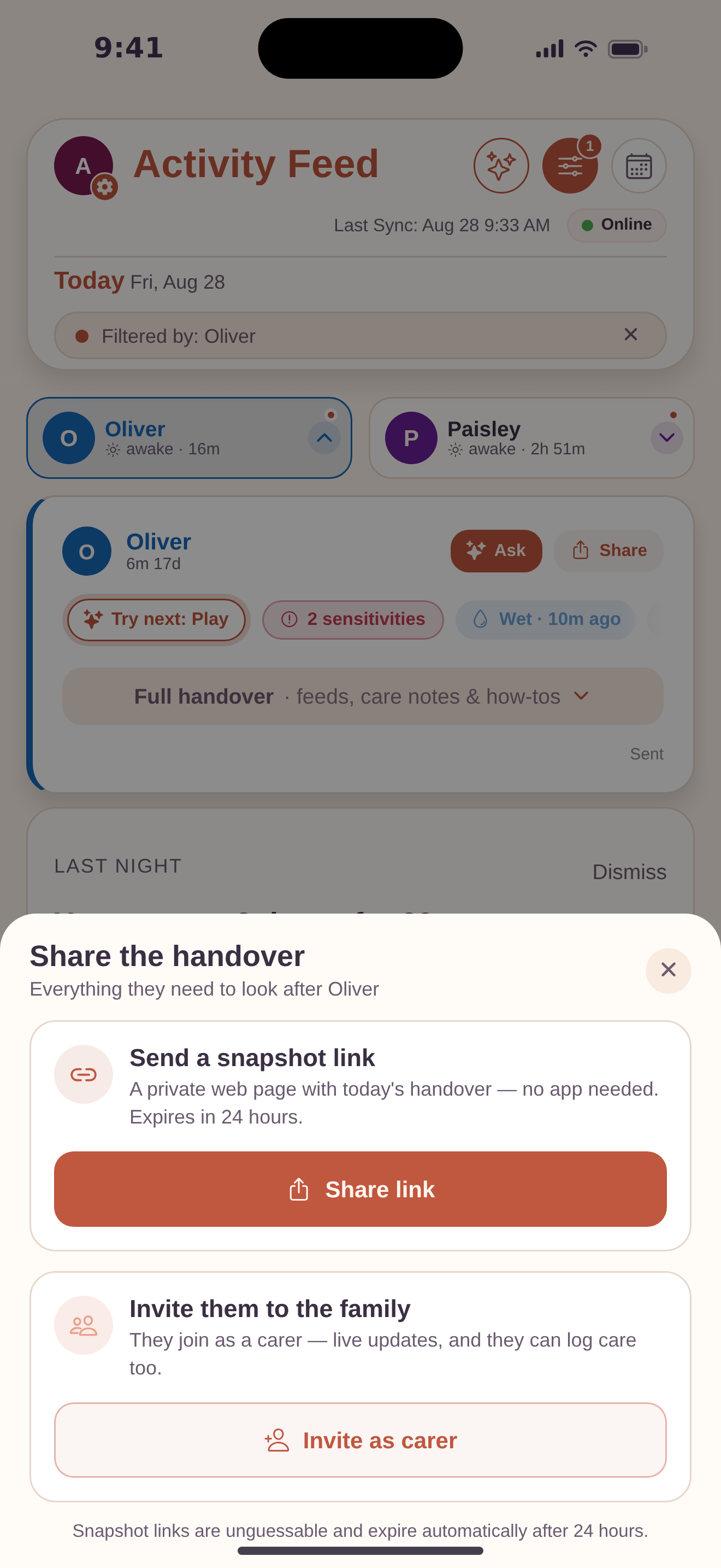 Sharing a BubSync handover: either a private snapshot link that expires automatically after 24 hours and needs no app download, or a full invitation for a carer to join the family with their own login.