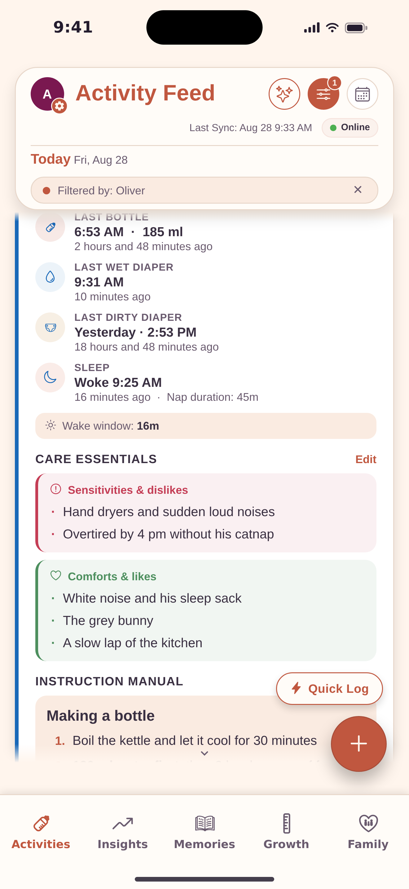 A baby’s care essentials in BubSync — sensitivities and dislikes, comforts and likes, and a step-by-step instruction manual for tasks such as making a bottle — shown alongside the recent activity log.