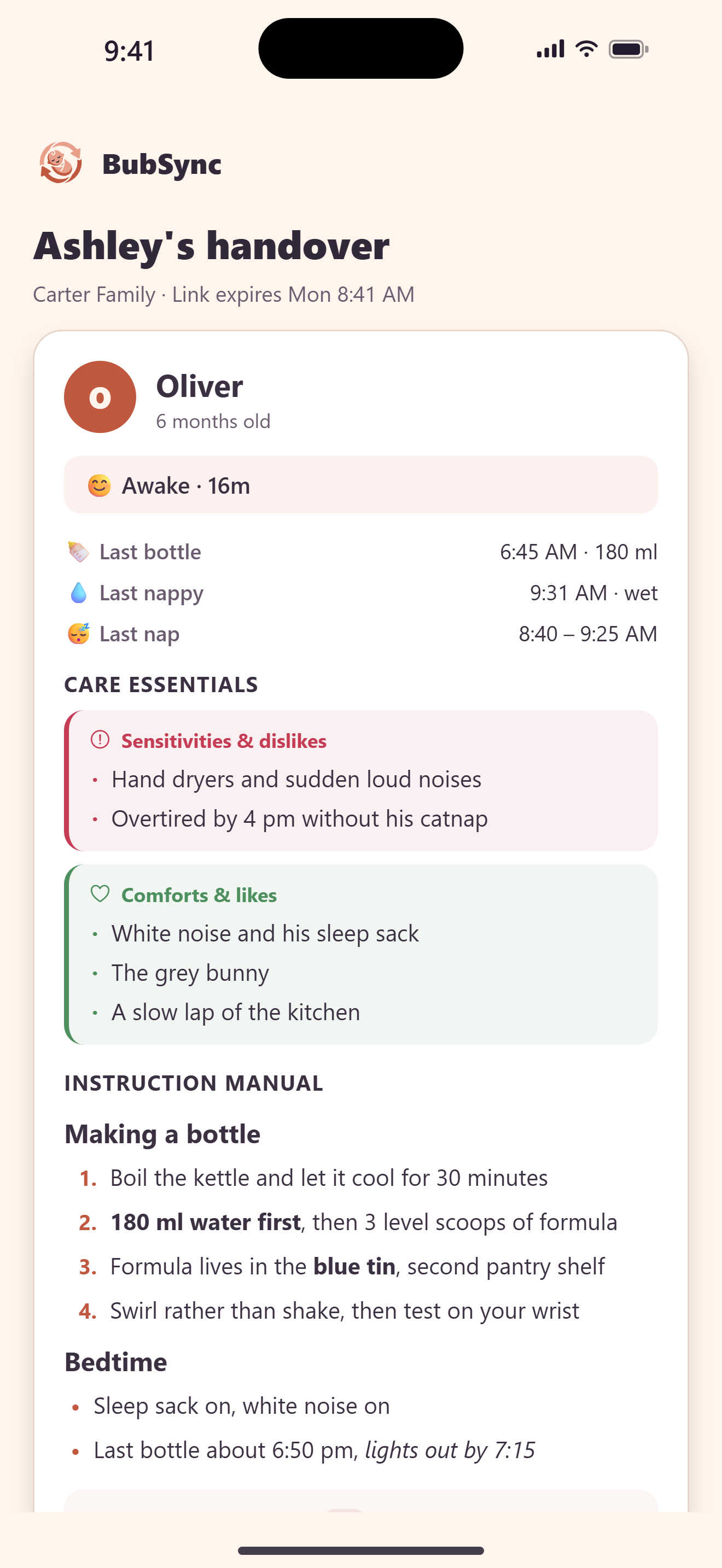 The BubSync handover link as a carer sees it in a web browser: last bottle, nappy and nap, care essentials and the family’s instruction manual, with no app download required and an automatic expiry.