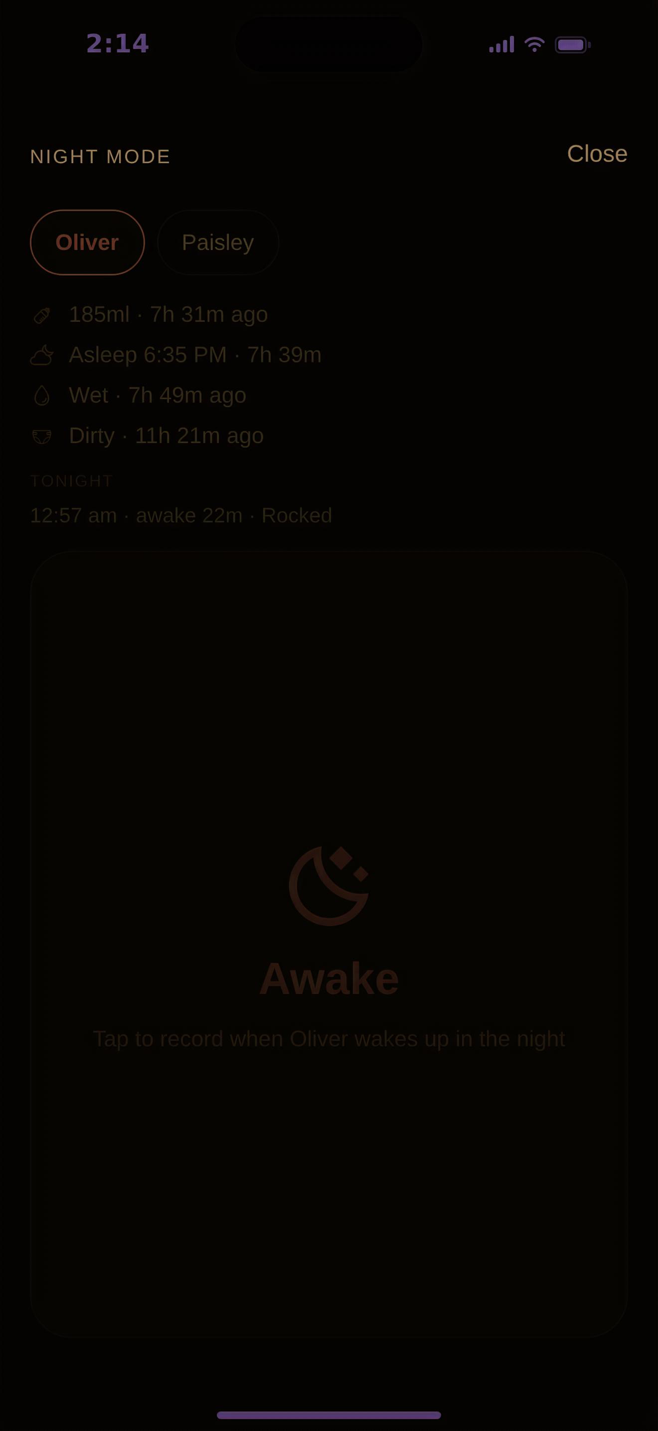 BubSync’s night mode: a dimmed, low-light logging screen designed so an overnight waking can be recorded without waking anyone else.