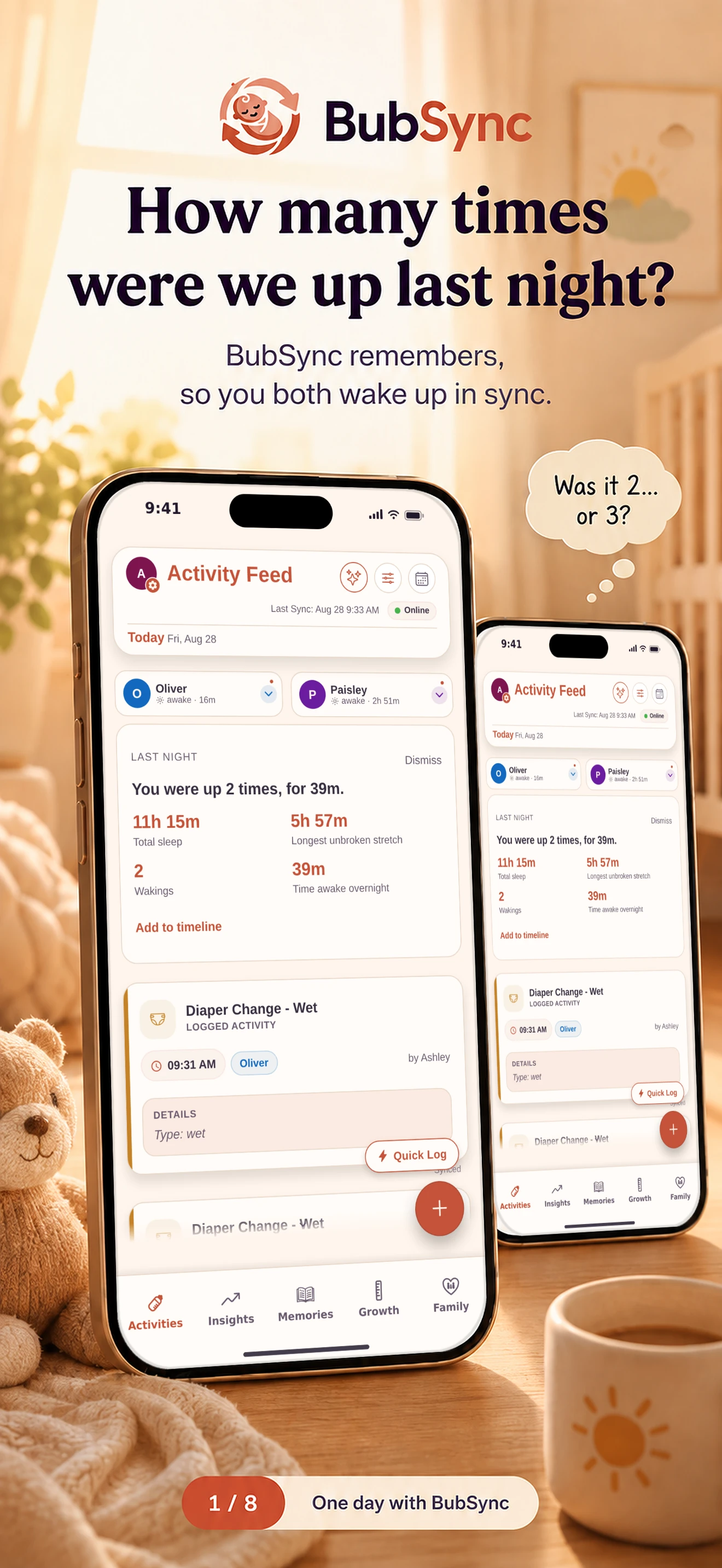 BubSync marketing graphic: ‘How many times were we up last night?’ — the activity feed showing an overnight sleep summary, set in a warm nursery scene. Strapline: BubSync remembers, so you both wake up in sync.