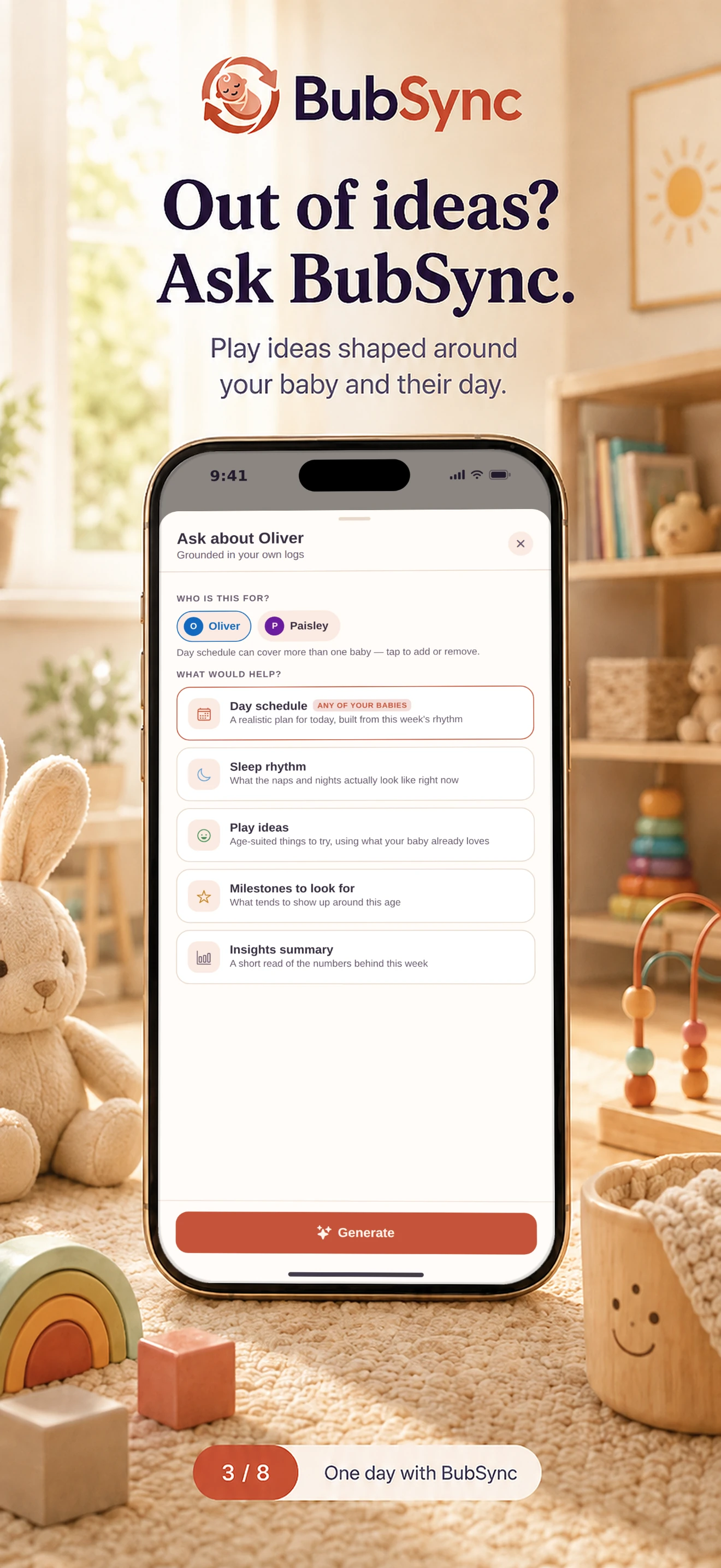 BubSync marketing graphic: ‘Out of ideas? Ask BubSync.’ — the AI hub suggesting play ideas shaped around a specific baby and their day.