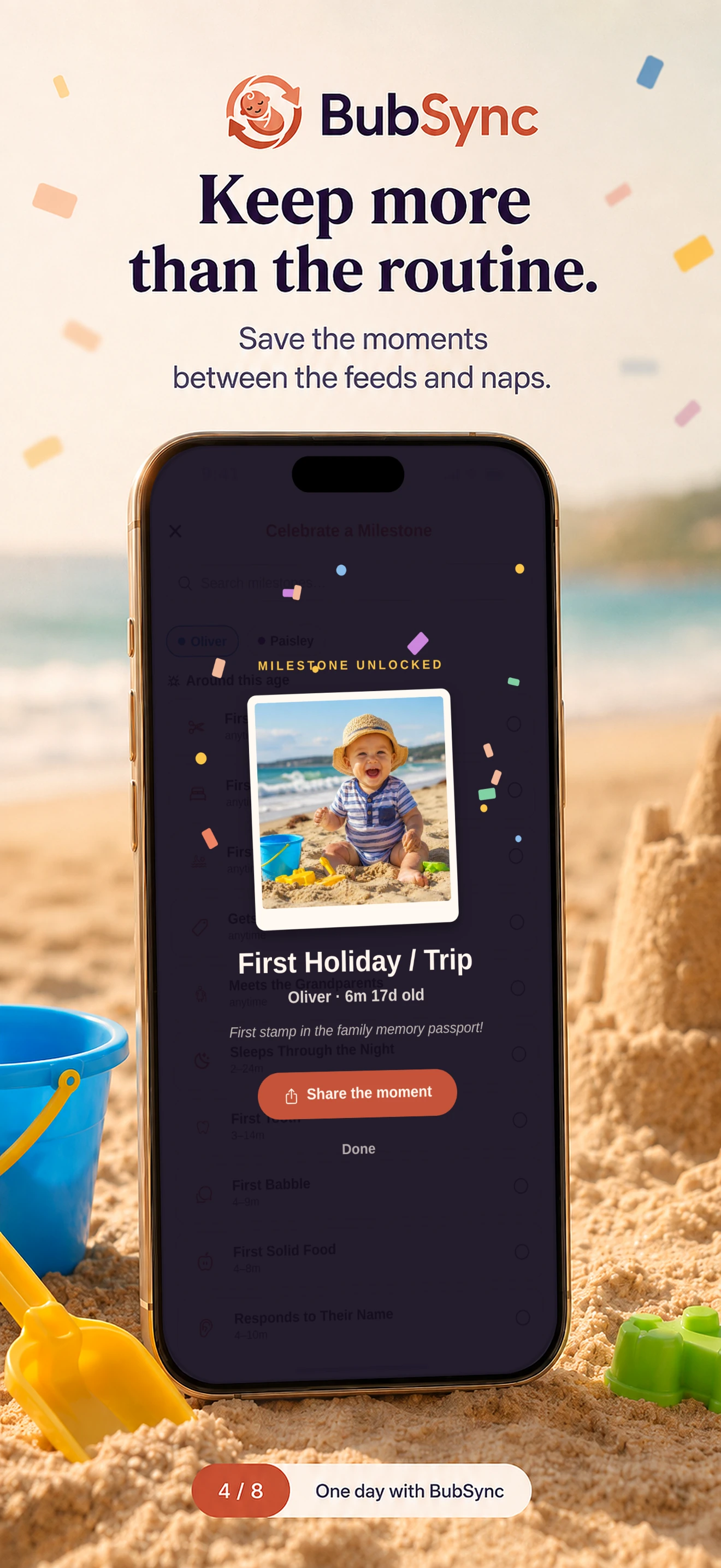 BubSync marketing graphic: ‘Keep more than the routine.’ — a milestone being captured and shared, shown on iPhone in a beach scene.