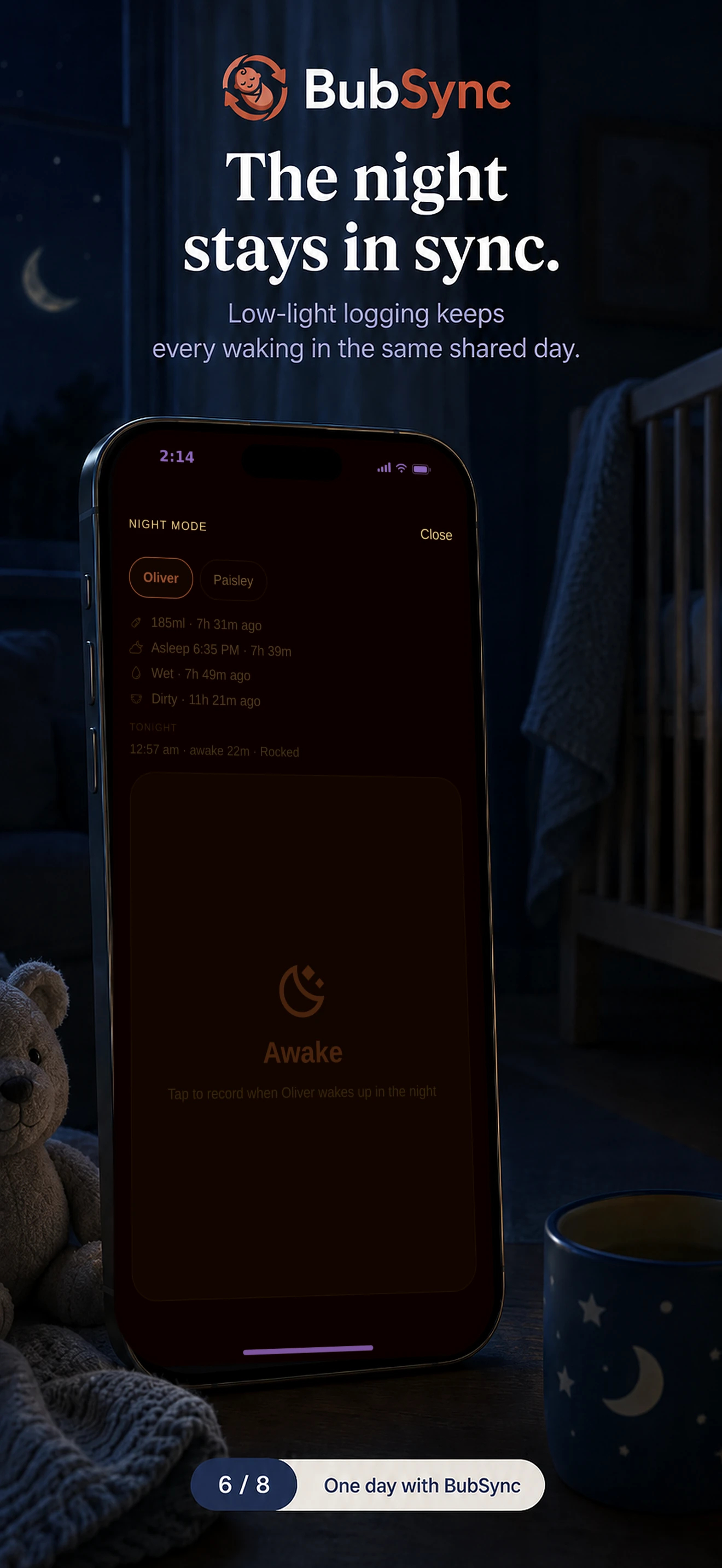 BubSync marketing graphic: ‘The night stays in sync.’ — low-light night-mode logging shown in a darkened nursery.