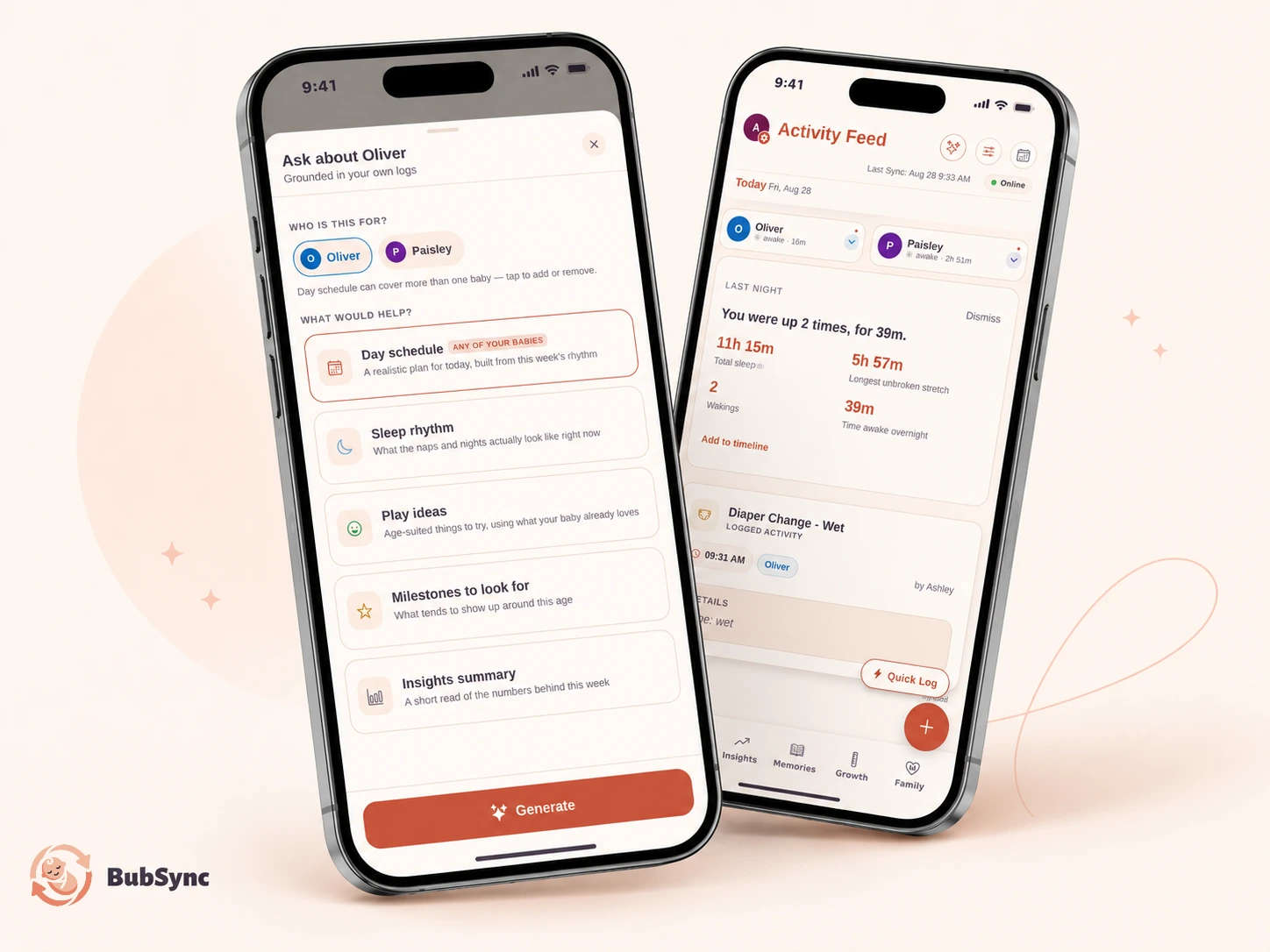 The BubSync AI hub shown beside the activity feed: questions answered from the family’s own logs.