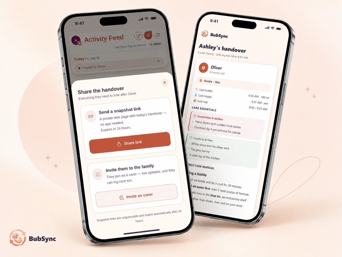 BubSync’s carer handover: a private snapshot link that expires after 24 hours, shown beside the handover page a carer receives.