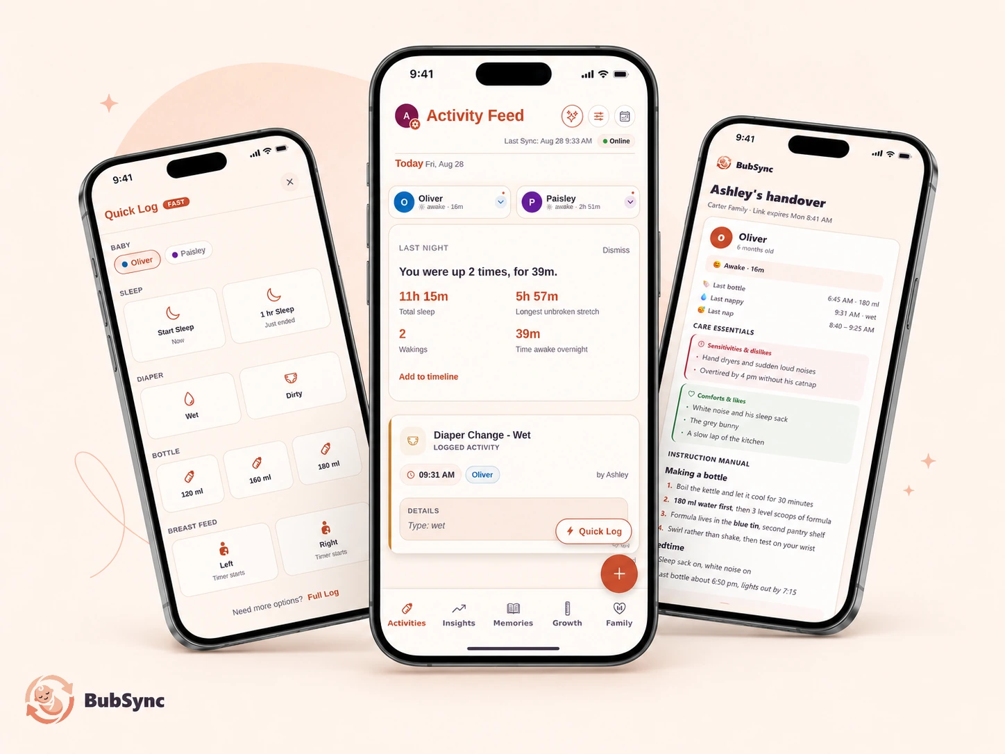 Three iPhones showing BubSync side by side: quick logging, the shared activity feed and a carer handover, on the BubSync brand background.