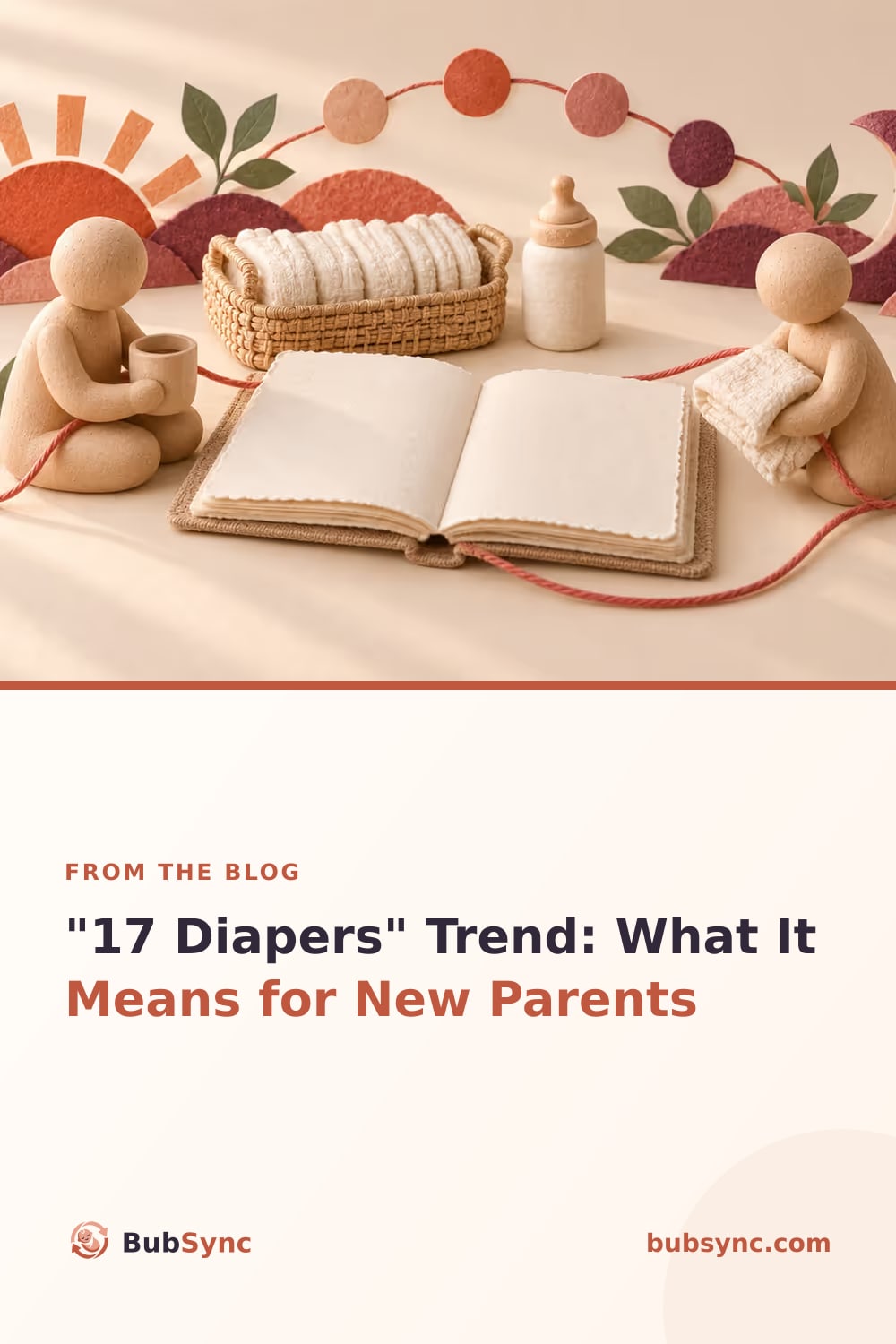 Two wooden caregivers share an open blank care journal beside clean folded nappies, a bottle and a day-to-night timeline